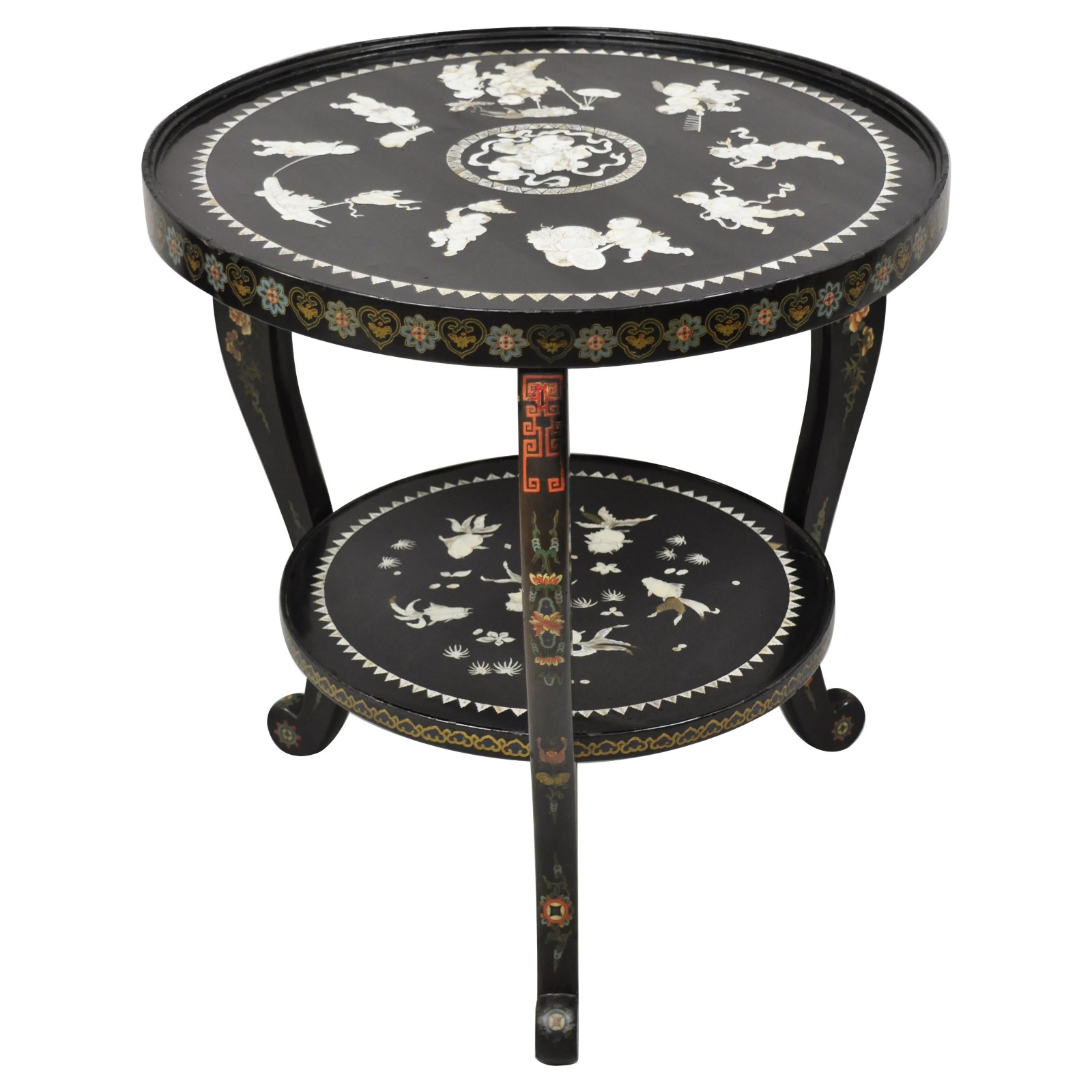Black Tiered Side Table with Nature Motifs