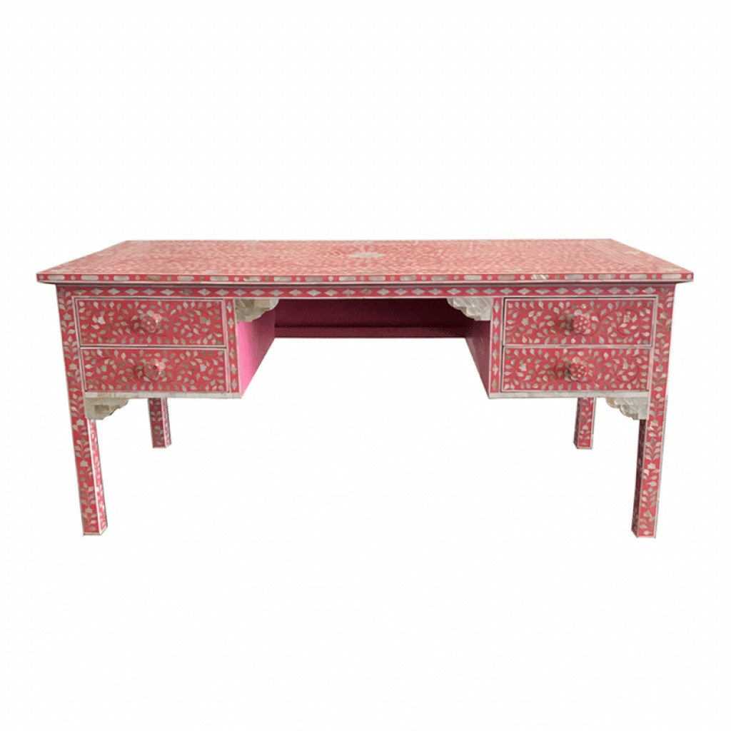 Red Coral Desk with Floral Inlays